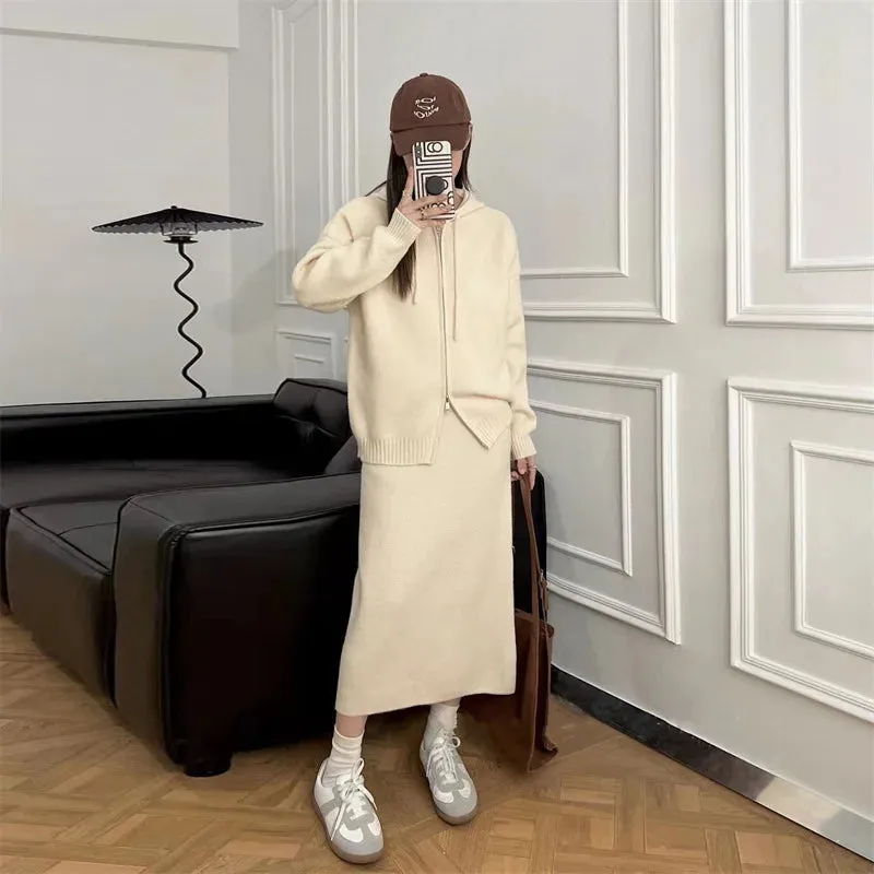 Hnewly Korean Lazy Style Women Knitted Sweater Casual Set Autumn Winter Hooded Zipper Cardigan Tops Knitwear Long Skirt Two-piece Suit