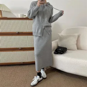 Hnewly Korean Lazy Style Women Knitted Sweater Casual Set Autumn Winter Hooded Zipper Cardigan Tops Knitwear Long Skirt Two-piece Suit