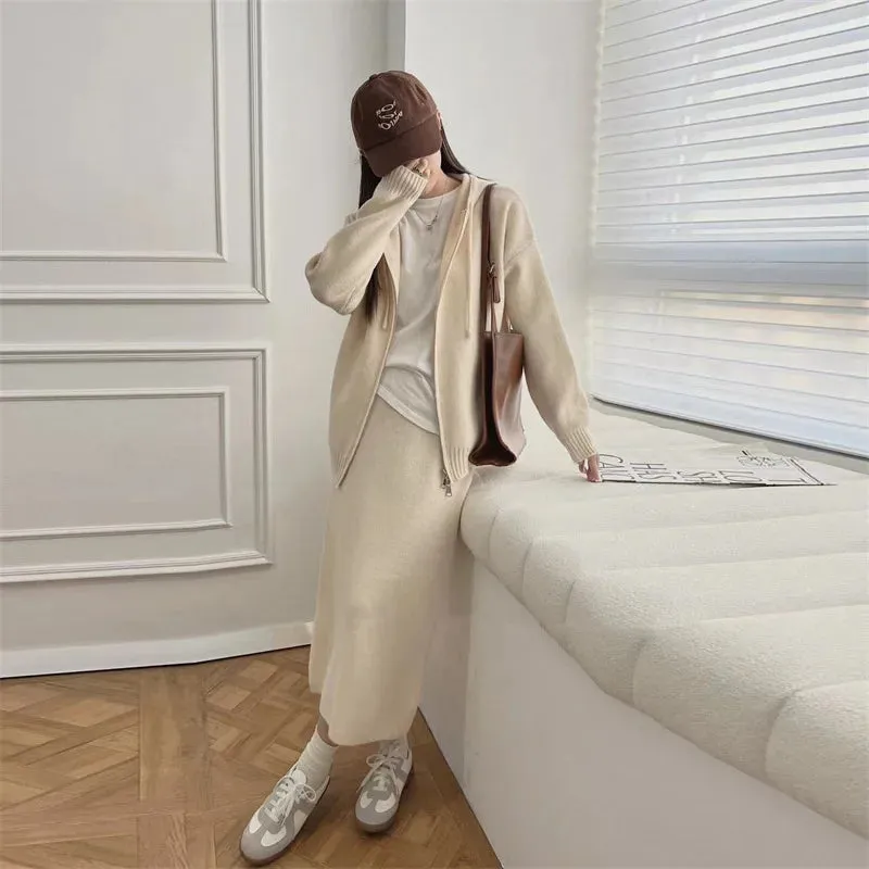 Hnewly Korean Lazy Style Women Knitted Sweater Casual Set Autumn Winter Hooded Zipper Cardigan Tops Knitwear Long Skirt Two-piece Suit