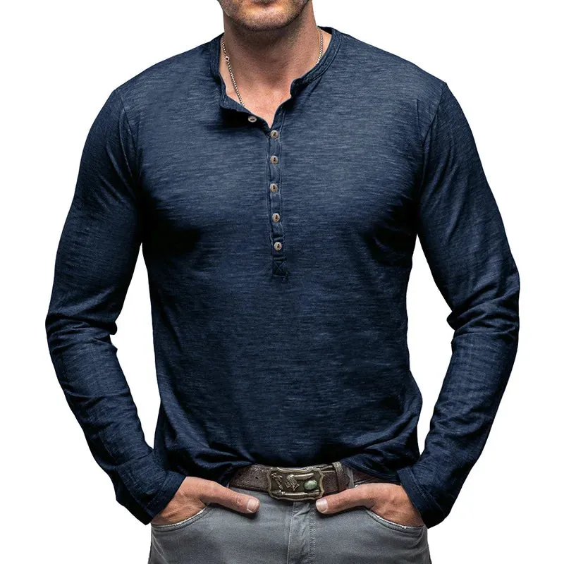 Hnzxzm Spring New Korean Casual Simple Fashion T-shirt Men's Solid Round Neck Button Versatile Patchwork Cotton Pullover Long Sleep Top