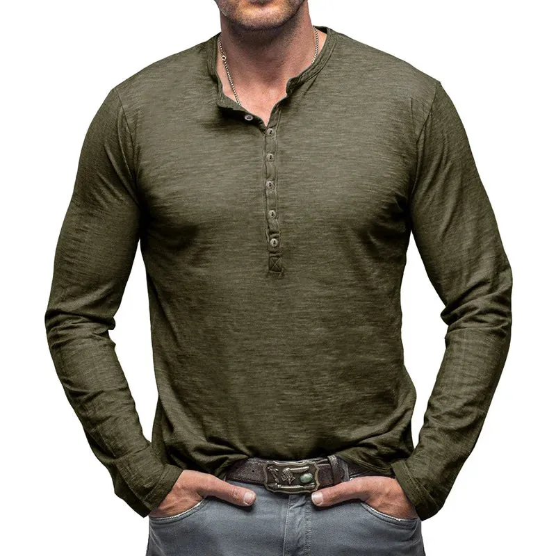 Hnzxzm Spring New Korean Casual Simple Fashion T-shirt Men's Solid Round Neck Button Versatile Patchwork Cotton Pullover Long Sleep Top