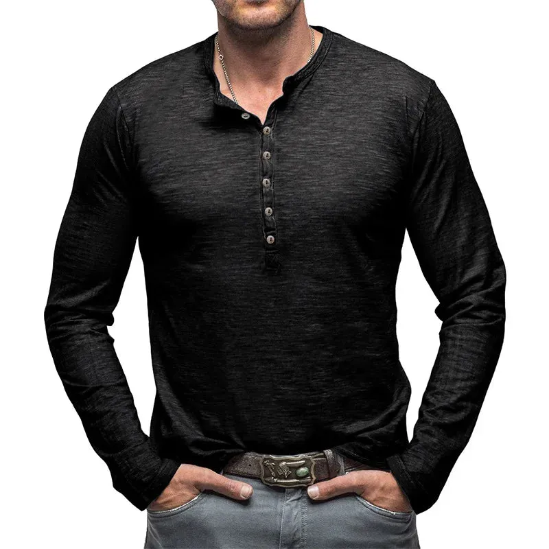 Hnzxzm Spring New Korean Casual Simple Fashion T-shirt Men's Solid Round Neck Button Versatile Patchwork Cotton Pullover Long Sleep Top