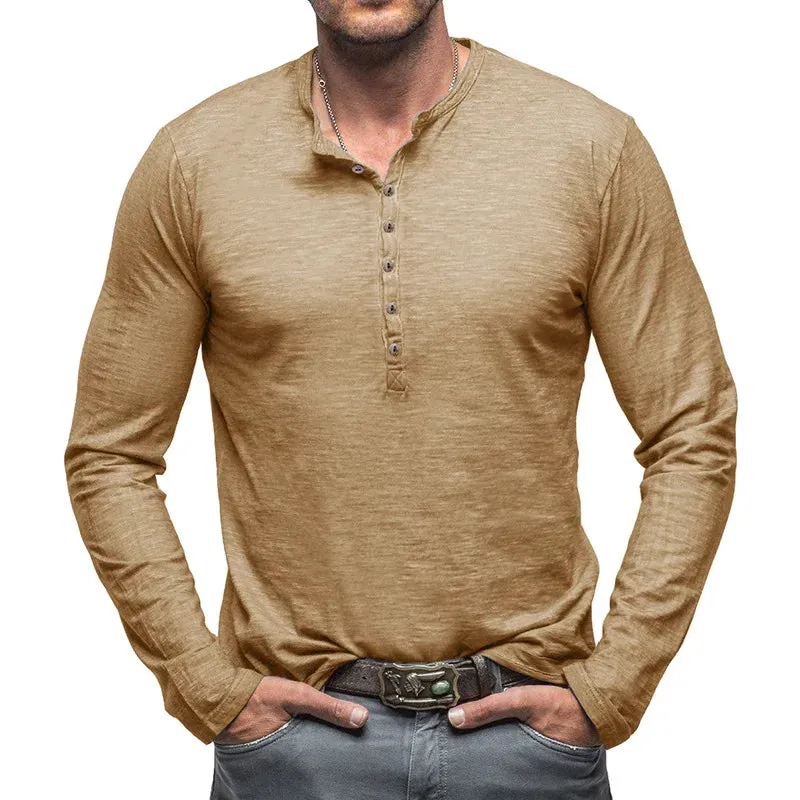 Hnzxzm Spring New Korean Casual Simple Fashion T-shirt Men's Solid Round Neck Button Versatile Patchwork Cotton Pullover Long Sleep Top