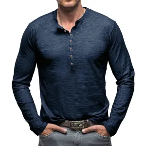 Hnzxzm Spring New Korean Casual Simple Fashion T-shirt Men's Solid Round Neck Button Versatile Patchwork Cotton Pullover Long Sleep Top