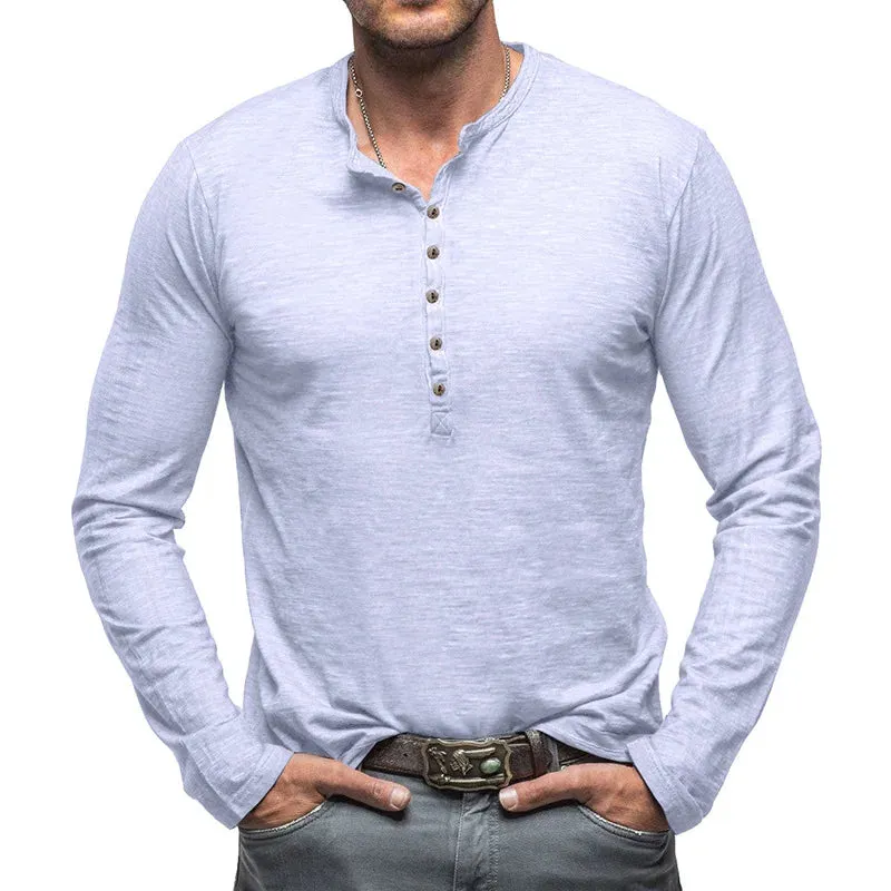 Hnzxzm Spring New Korean Casual Simple Fashion T-shirt Men's Solid Round Neck Button Versatile Patchwork Cotton Pullover Long Sleep Top