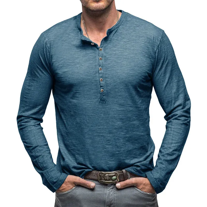 Hnzxzm Spring New Korean Casual Simple Fashion T-shirt Men's Solid Round Neck Button Versatile Patchwork Cotton Pullover Long Sleep Top