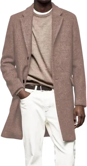 HUUTOE Men's Trench Coat Wool Peacoat Men Slim Fit Long Overcoat for Men Winter Single Breasted Mens Wool Jacket Casual