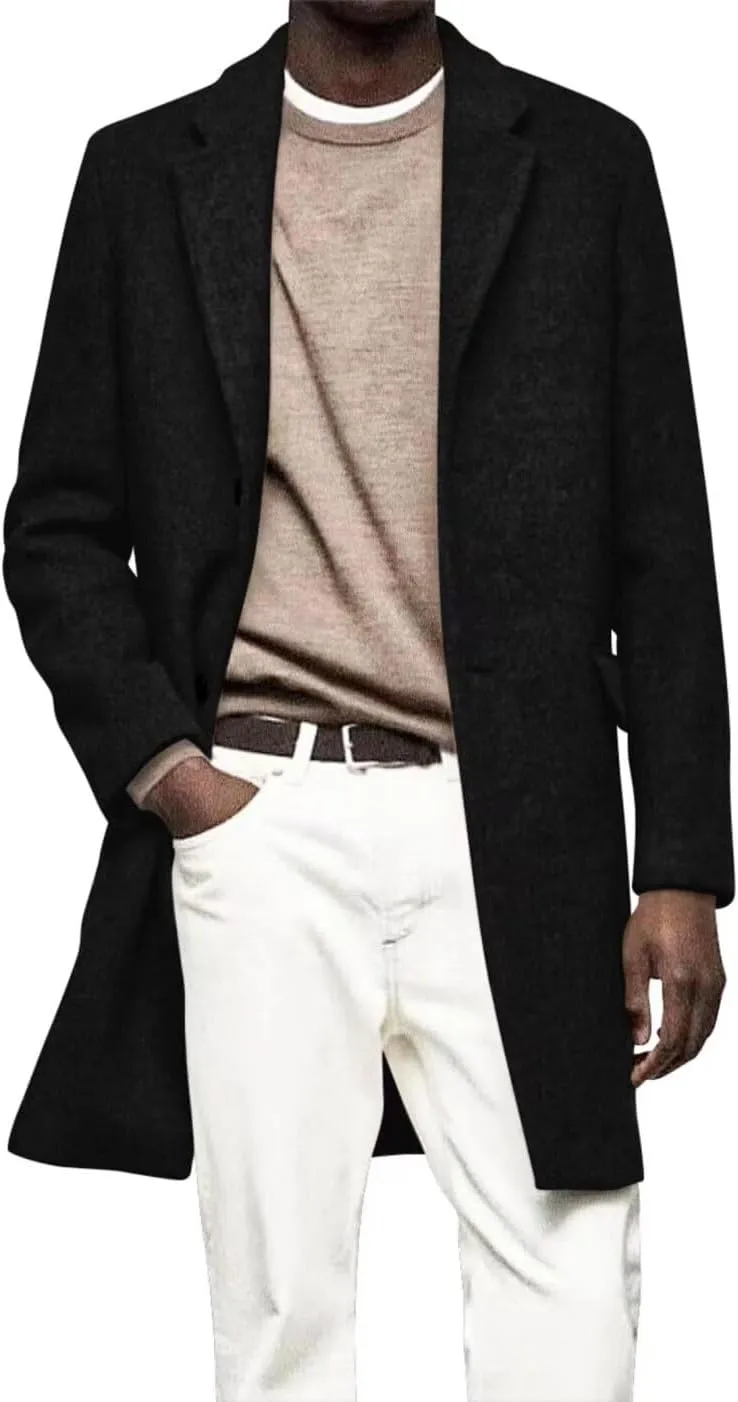 HUUTOE Men's Trench Coat Wool Peacoat Men Slim Fit Long Overcoat for Men Winter Single Breasted Mens Wool Jacket Casual