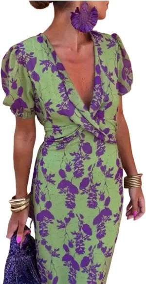 HVT Womens Elegant Floral Print Midi Dress Stylish Deep V Neck Puff Sleeve Slim Fit Evening Party 2025 Spring Summer Dress