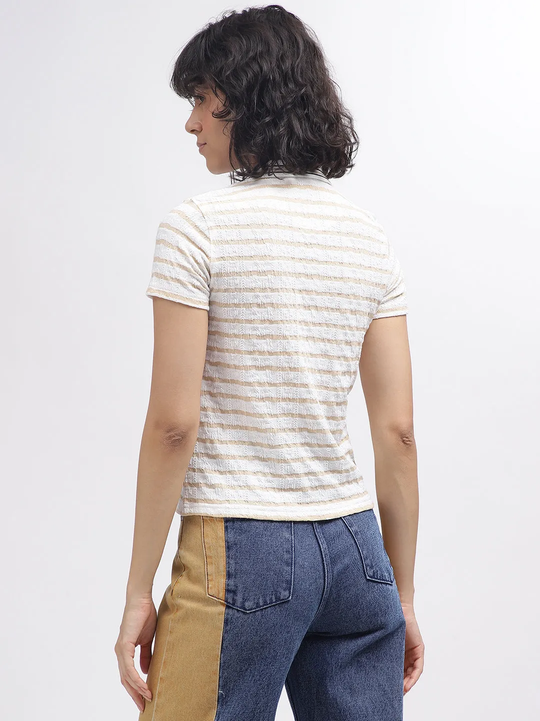Iconic Women White Striped Polo Collar Short Sleeves T-Shirt