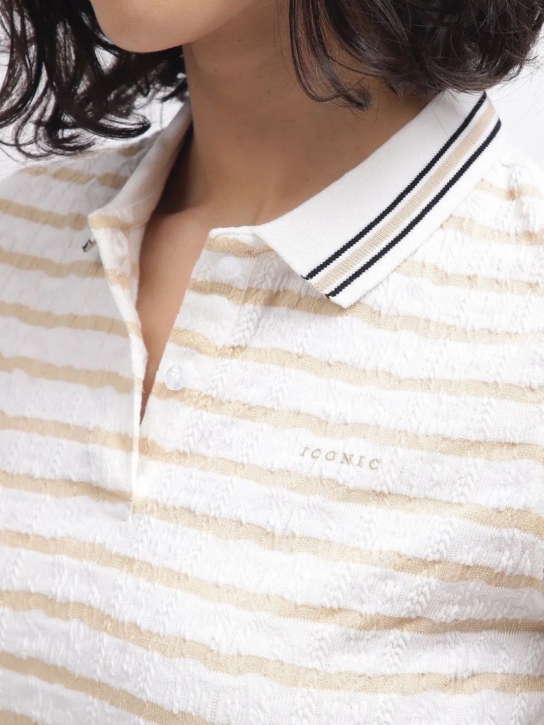 Iconic Women White Striped Polo Collar Short Sleeves T-Shirt