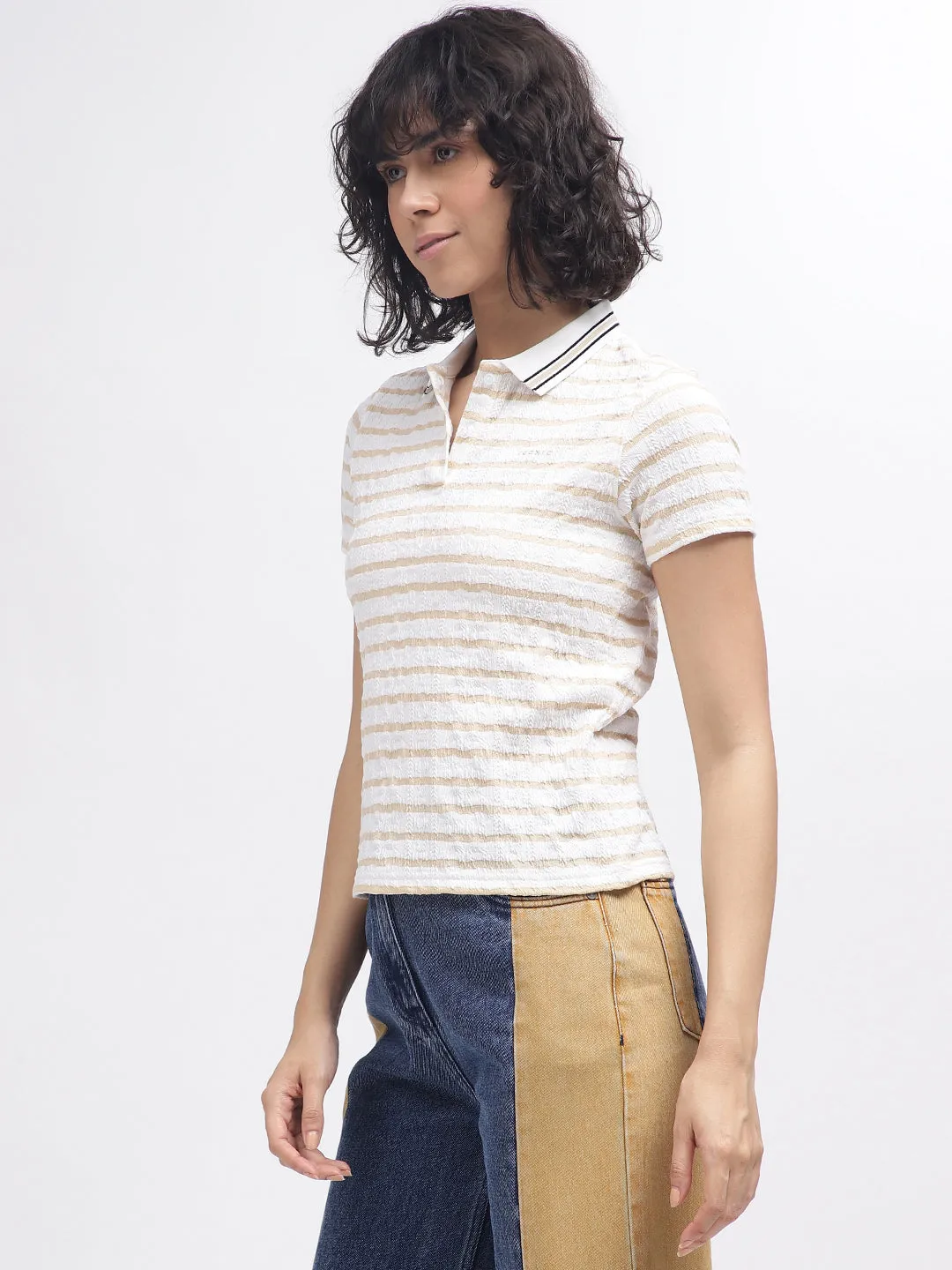 Iconic Women White Striped Polo Collar Short Sleeves T-Shirt