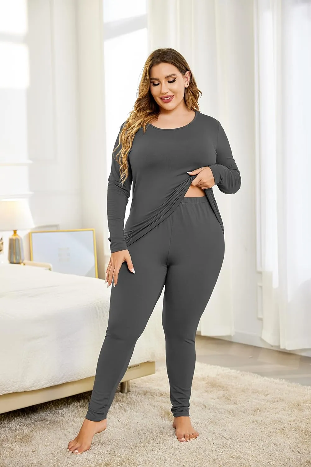 IN'VOLAND Womens Plus Size Thermal Long Johns Sets Fleece Lined 2 Pcs Underwear Top & Bottom Pajama Set