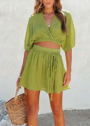 Italian Green V Neck Asymmetrical Solid Top And Shorts Two Piece Set Summer LY3870