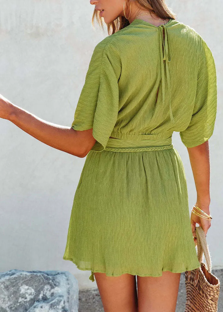 Italian Green V Neck Asymmetrical Solid Top And Shorts Two Piece Set Summer LY3870