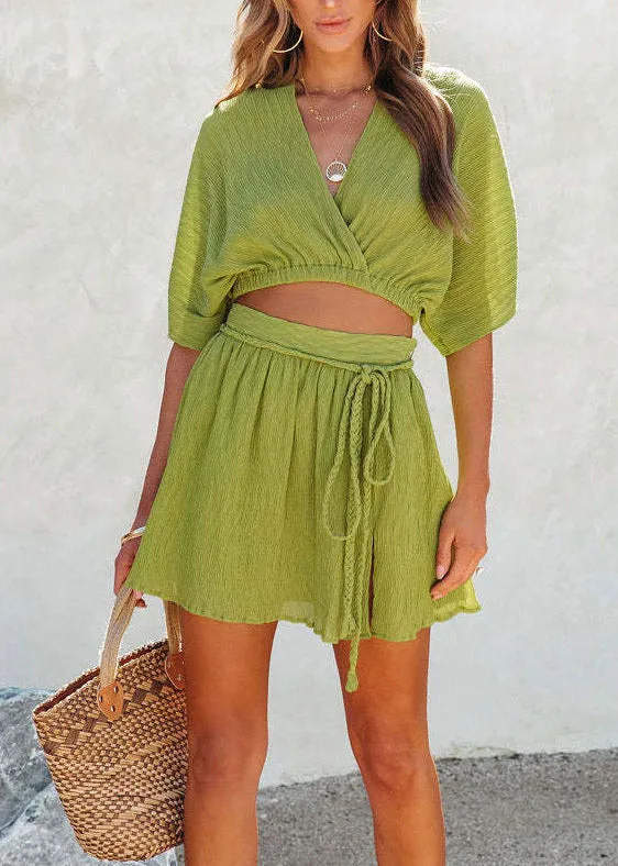 Italian Green V Neck Asymmetrical Solid Top And Shorts Two Piece Set Summer LY3870