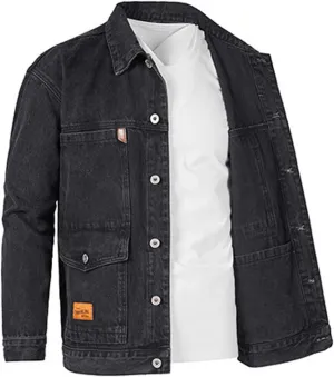 Jean Jacket For Men Lapel Collar Button Down Multi-Pocket Washed Distressed Denim Trucker Coat Motorcycle Outerwear Waterproof Jacket Rain Coat Flannel Jacket