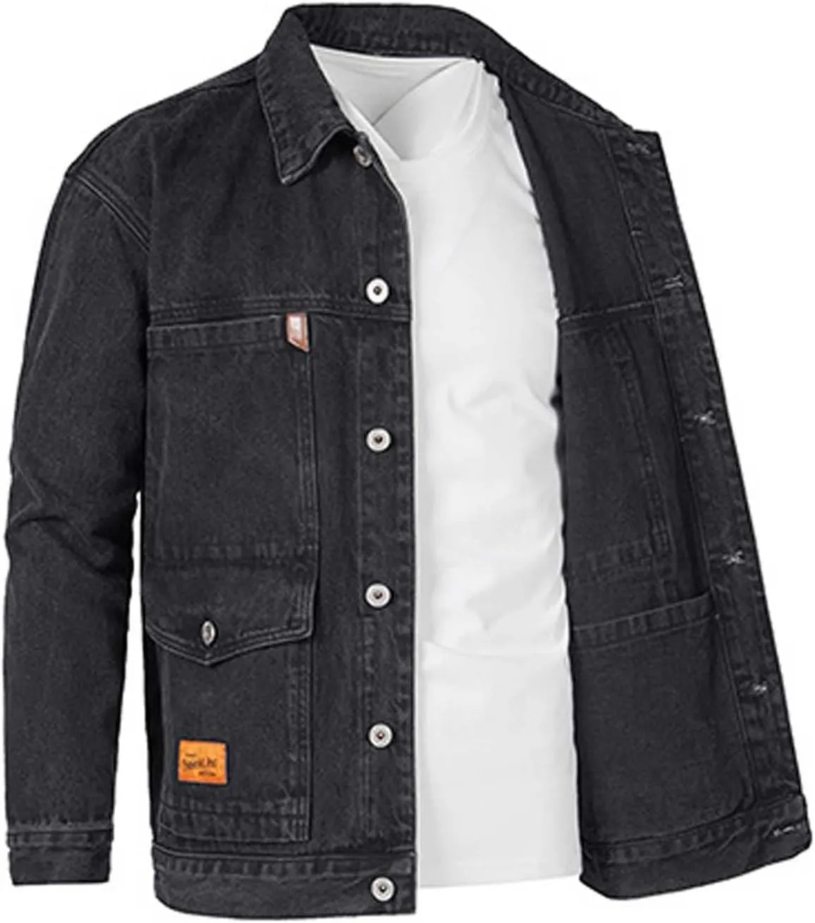 Jean Jacket - Men's Distressed Denim Trucker Coat with Lapel Collar, Multi-Pocket, Button Down, Waterproof