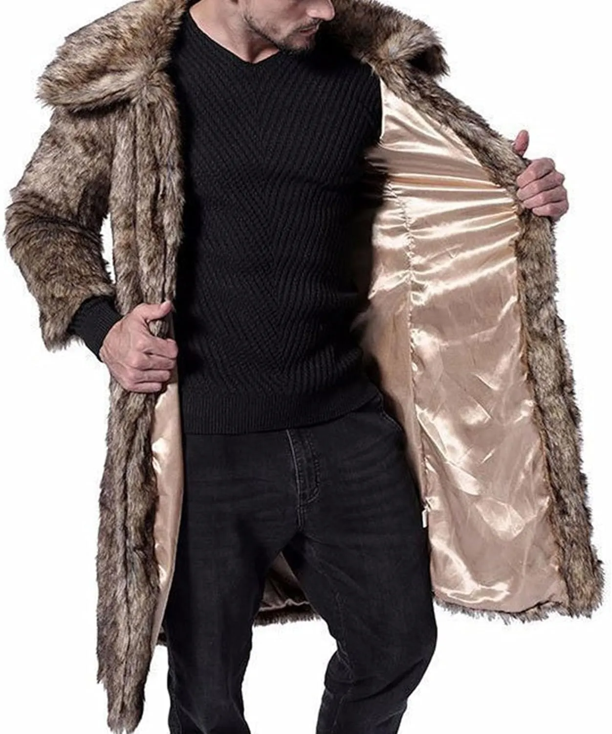 JEKE-DG Men's Fuzzy Furry Slim Fit Warm Coat Fashion Long Winter Coat Jacket Slim Fit Thicken Parka Overcoat
