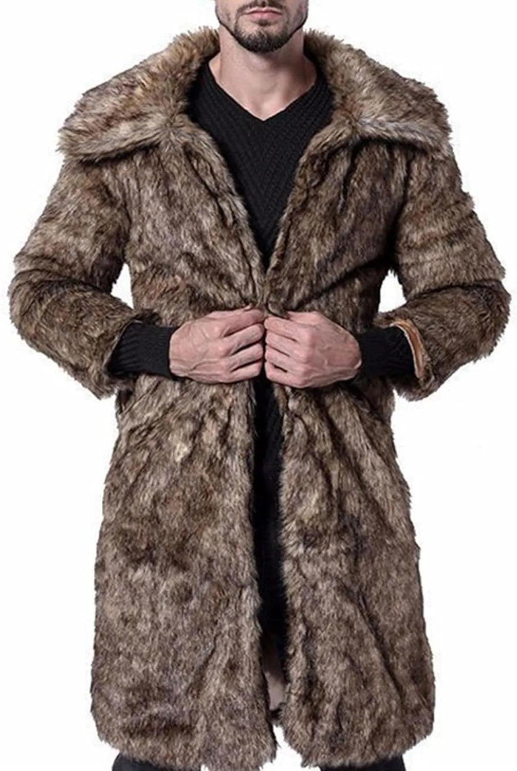 JEKE-DG Men's Fuzzy Furry Slim Fit Warm Coat Fashion Long Winter Coat Jacket Slim Fit Thicken Parka Overcoat