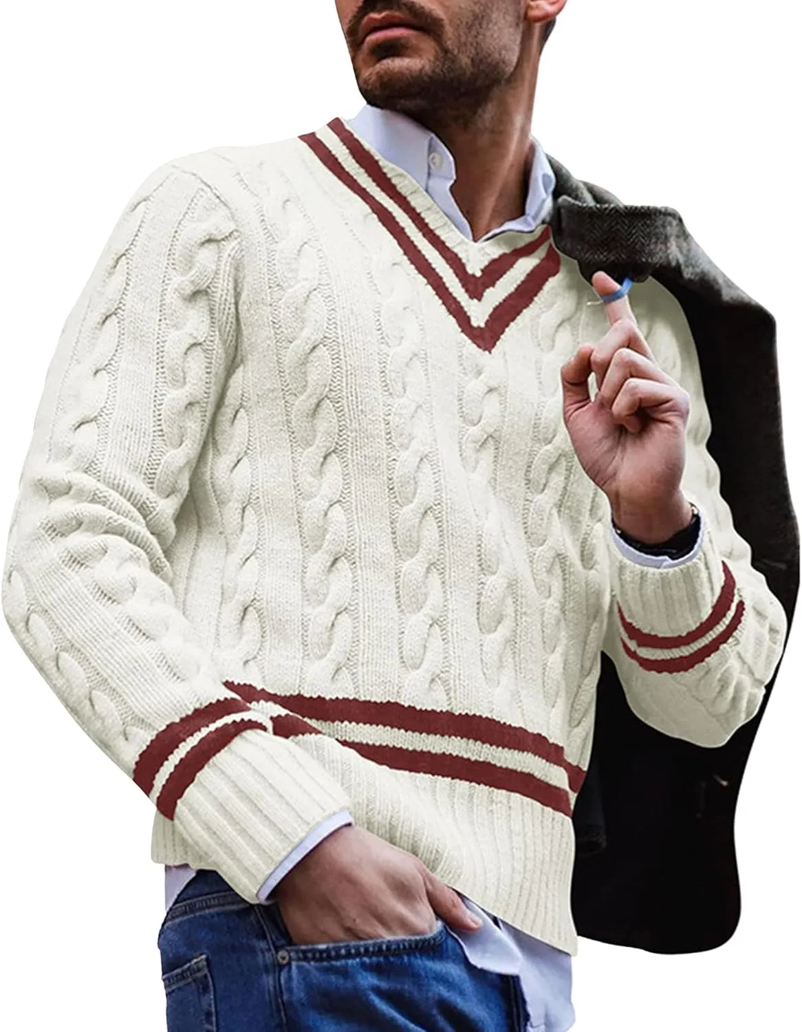 JEShifangjiusu Men'S Casual Slim Fit V-Neck Pullover Long Sleeve Knitted Pullover Sweaters Slim Fit Ribbed Knit Sweaters