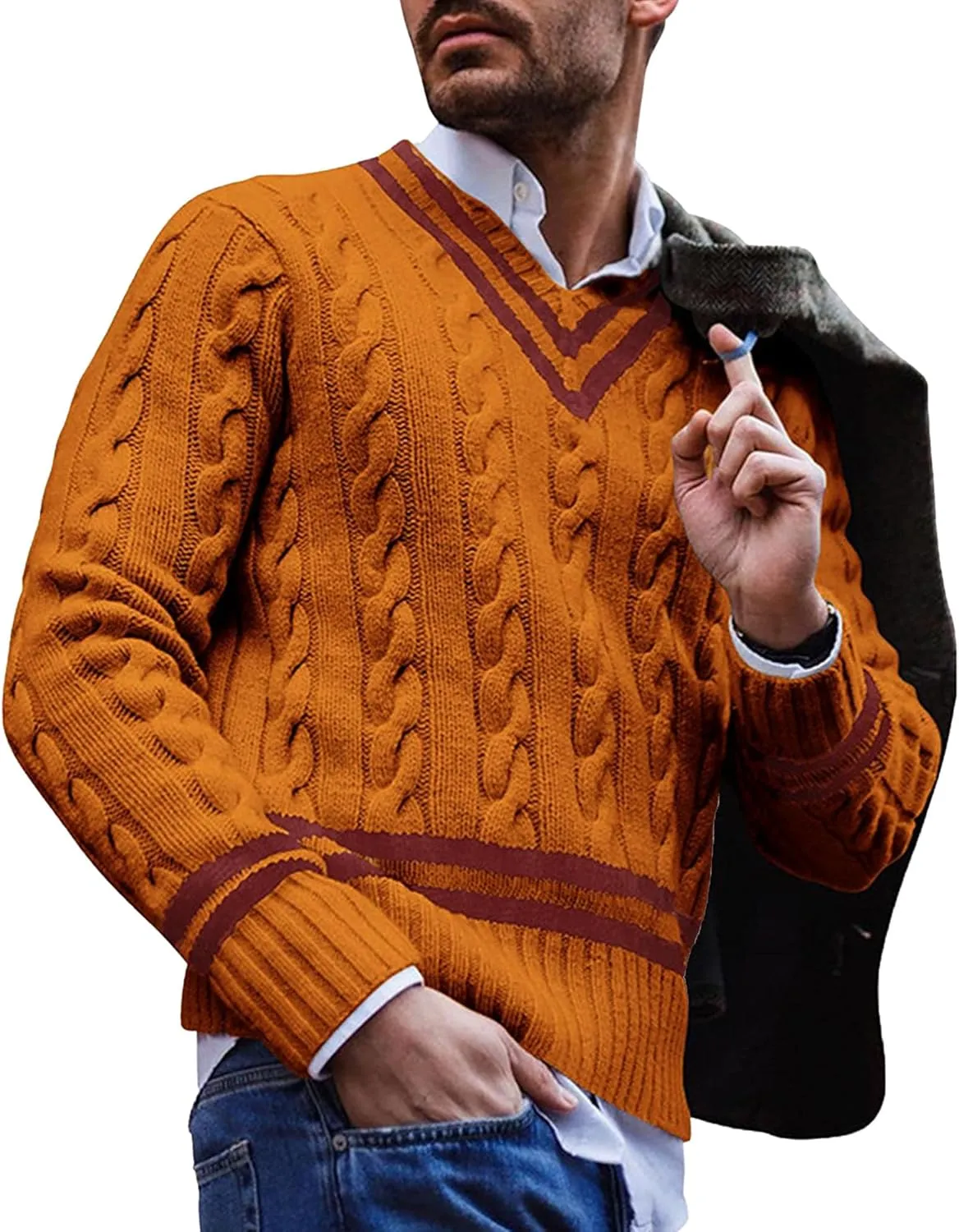 JEShifangjiusu Men'S Casual Slim Fit V-Neck Pullover Long Sleeve Knitted Pullover Sweaters Slim Fit Ribbed Knit Sweaters