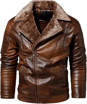 JEsilunmaMY Men's Sherpa Lined Faux Leather Jacket Asymmetric Zip Suit Collar Bomber Fleece Jacket Casual Warm Winter Coat