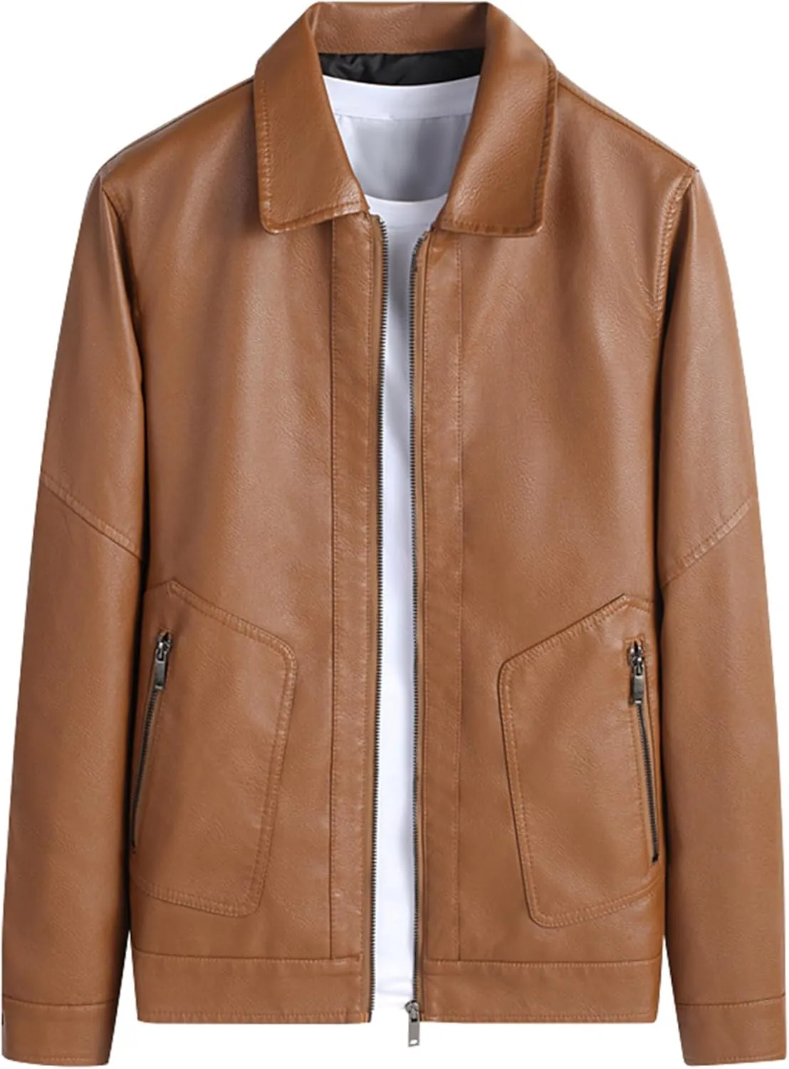 JEsilunmaMY Men's Slim Fit Leather Biker Coats Long Sleeve Zip Up Lapel Leather Jacket Lightweight Motorcycle Bomber Coat