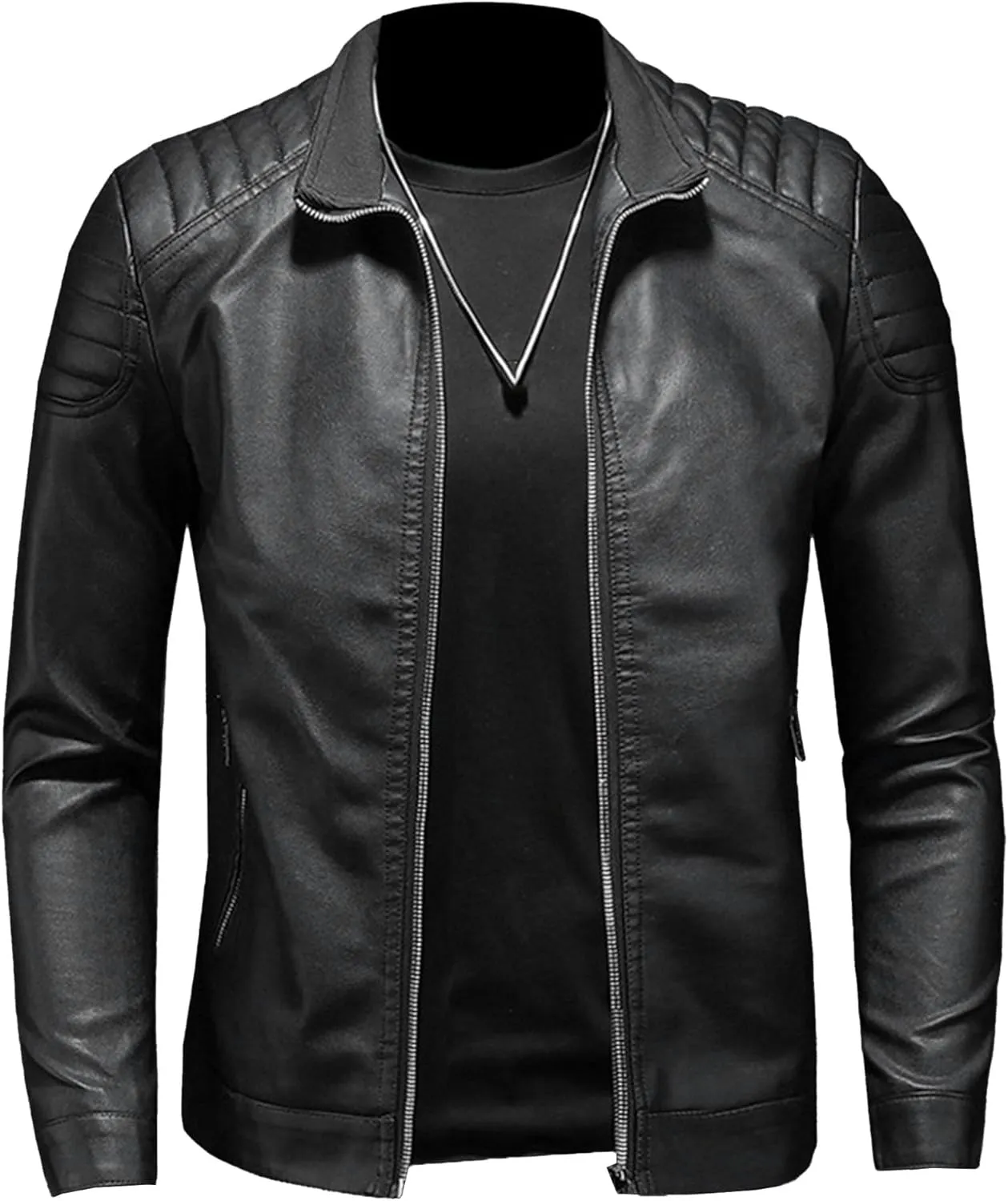 JEsilunmaMY Men's Slim Fit Leather Bomber Jacket Full Zip Stand Collar Motorcycle Jacket Lightweight Moto Biker Outwear