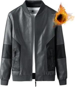 JEsilunmaMY Men's Slim Mock Neck Leather Jacket Zip Up Casual Baseball Bomber Jacket Fall Winter Motorcycle Windbreaker