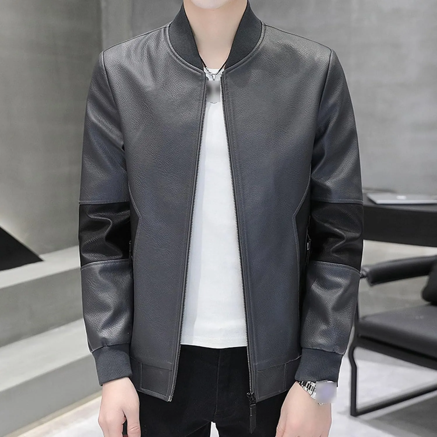 JEsilunmaMY Men's Slim Mock Neck Leather Jacket Zip Up Casual Baseball Bomber Jacket Fall Winter Motorcycle Windbreaker