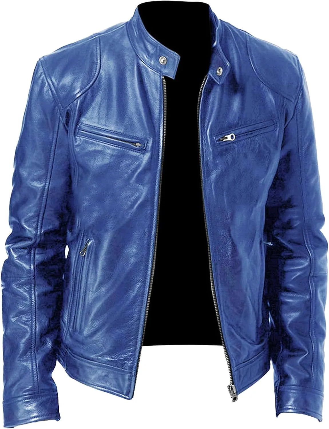 JEsilunmaMY Men's Solid Color PU Leather Jacket Stand Collar Motorcycle Biker Coats Warm Winter Punk Slim Bomber Outwear