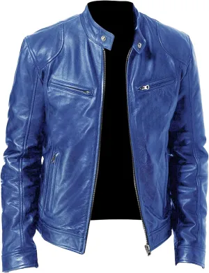 JEsilunmaMY Men's Solid Color PU Leather Jacket Stand Collar Motorcycle Biker Coats Warm Winter Punk Slim Bomber Outwear