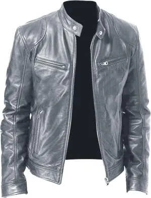 JEsilunmaMY Men's Solid Color PU Leather Jacket Stand Collar Motorcycle Biker Coats Warm Winter Punk Slim Bomber Outwear