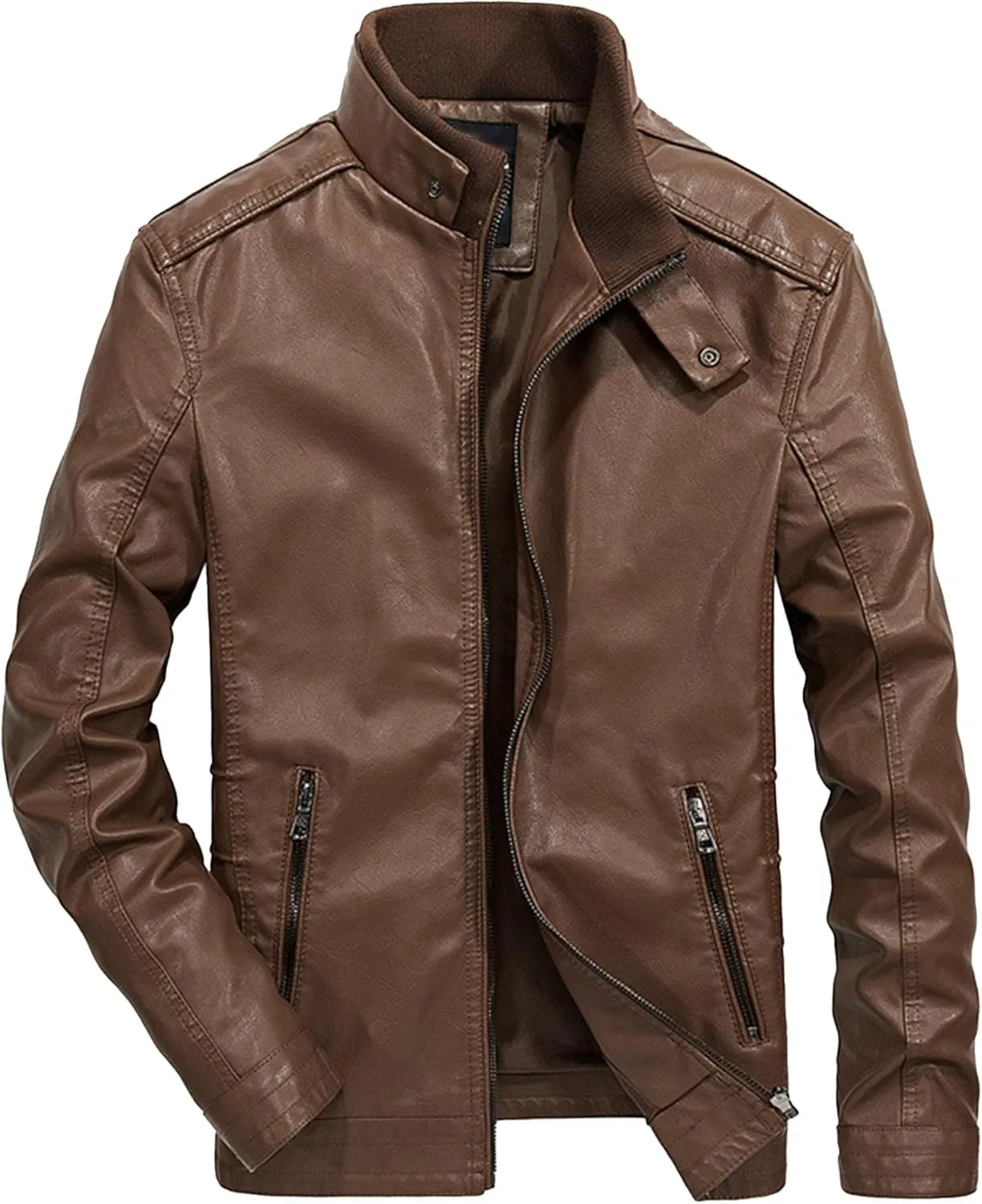 JEsilunmaMY Men's Stand Collar Slim Biker Coats Retro Full Zip Motorcycle Bomber Jackets Fall Winter Short Leather Jacket