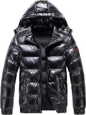 JEsilunmaMY Mens Thermal Shiny Hooded Puffer Jackets Winter Coats Water-Resistant Down Coats Insulated Puffy Padded Coat