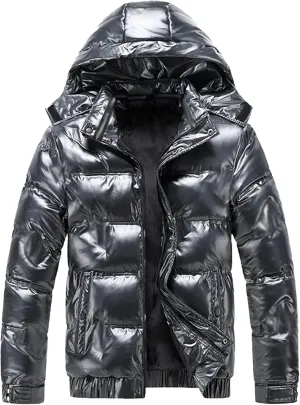 JEsilunmaMY Mens Thermal Shiny Hooded Puffer Jackets Winter Coats Water-Resistant Down Coats Insulated Puffy Padded Coat