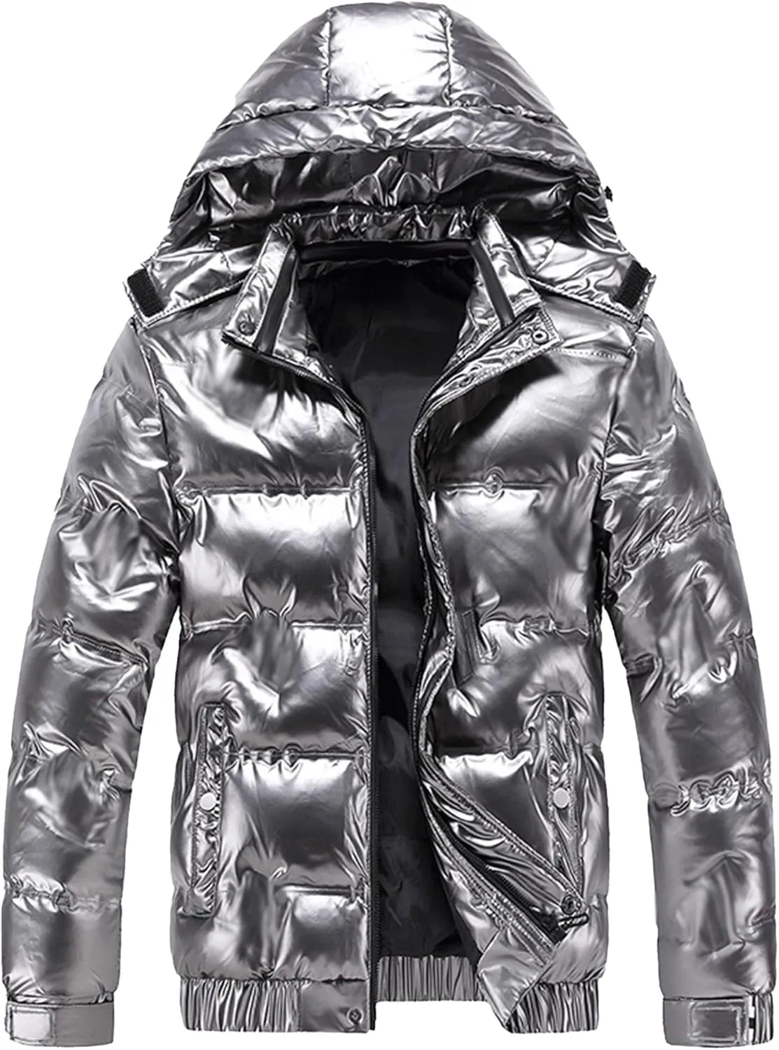 JEsilunmaMY Mens Thermal Shiny Hooded Puffer Jackets Winter Coats Water-Resistant Down Coats Insulated Puffy Padded Coat