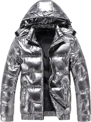 JEsilunmaMY Mens Thermal Shiny Hooded Puffer Jackets Winter Coats Water-Resistant Down Coats Insulated Puffy Padded Coat