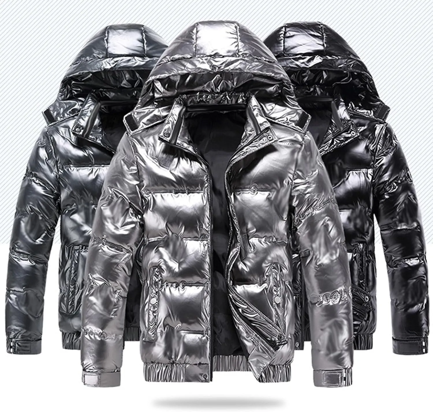 JEsilunmaMY Mens Thermal Shiny Hooded Puffer Jackets Winter Coats Water-Resistant Down Coats Insulated Puffy Padded Coat