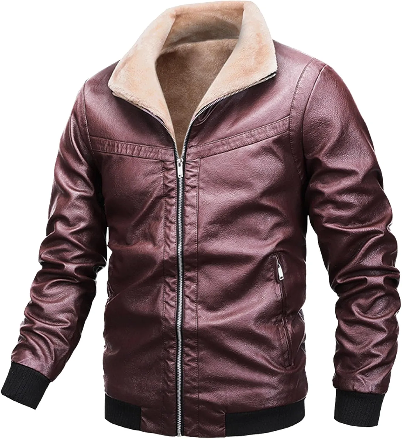 JEsilunmaMY Men's Thicken Sherpa Lined Leather Jacket Full Zip Stand Collar Motorcycle Bomber Jacket Warm Winter Biker Coats