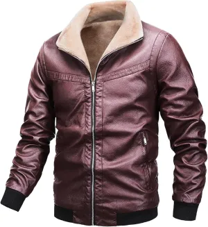JEsilunmaMY Men's Thicken Sherpa Lined Leather Jacket Full Zip Stand Collar Motorcycle Bomber Jacket Warm Winter Biker Coats