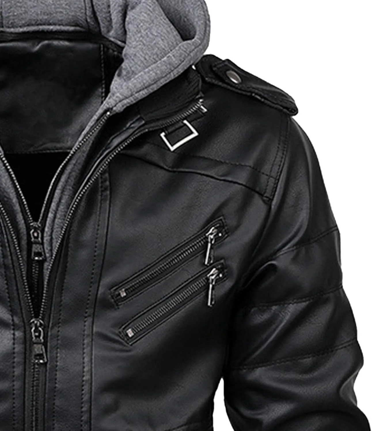 JEsilunmaMY Men's Winter Leather Jacket with Detachable Hood Casual Motorcycle Bomber Jackets Windproof Moto Biker Coat