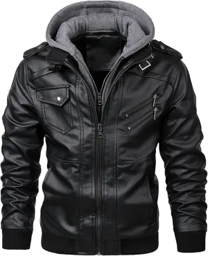 JEsilunmaMY Men's Winter Leather Jacket with Detachable Hood Casual Motorcycle Bomber Jackets Windproof Moto Biker Coat