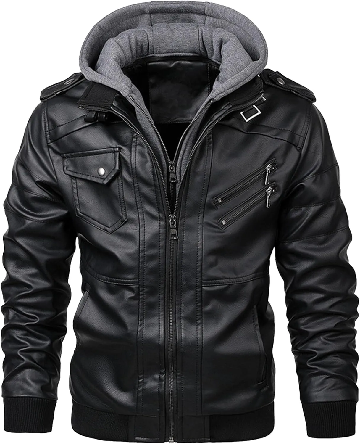 JEsilunmaMY Men's Winter Leather Jacket with Detachable Hood Casual Motorcycle Bomber Jackets Windproof Moto Biker Coat