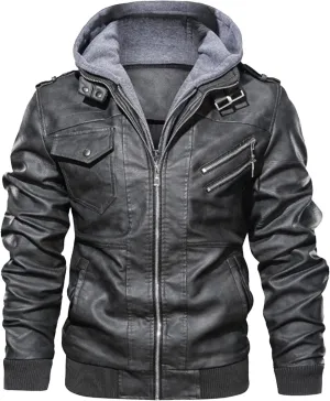 JEsilunmaMY Men's Winter Leather Jacket with Detachable Hood Casual Motorcycle Bomber Jackets Windproof Moto Biker Coat
