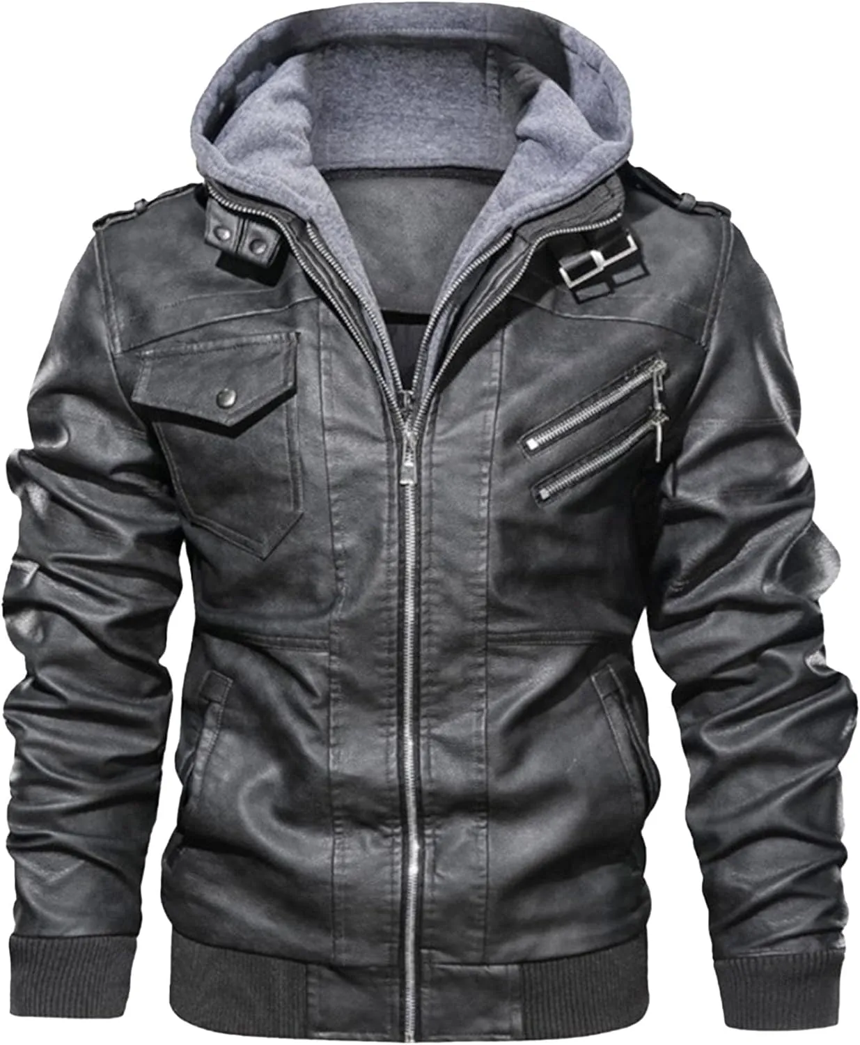 JEsilunmaMY Men's Winter Leather Jacket with Detachable Hood Casual Motorcycle Bomber Jackets Windproof Moto Biker Coat