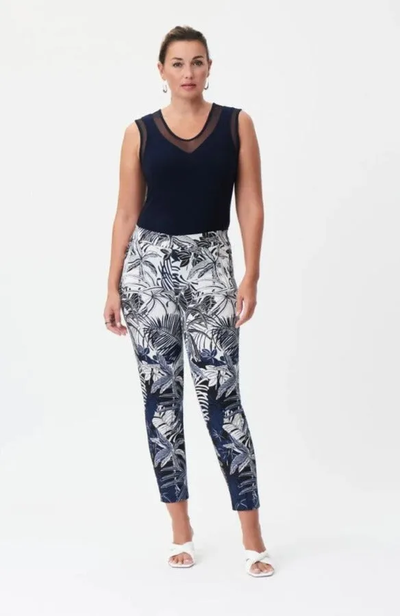 Joseph Ribkoff 232085 Vanilla/Navy Tropical Print Pull On Cropped Pants
