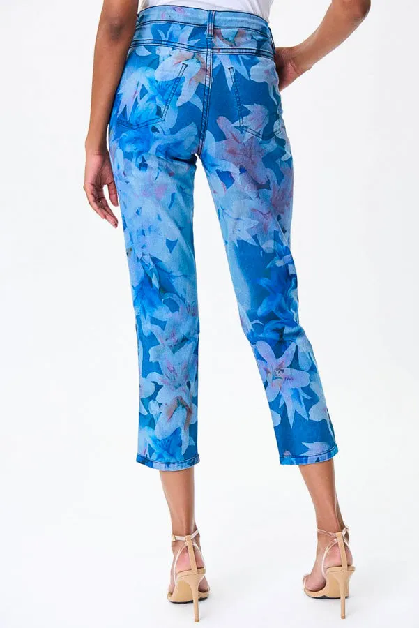 Joseph Ribkoff 232939 Light Blue/Multi Floral Print Reversible Slim Cropped Jeans