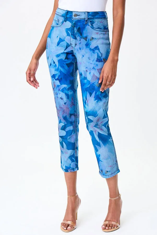 Joseph Ribkoff 232939 Light Blue/Multi Floral Print Reversible Slim Cropped Jeans